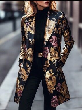 Floral Metallic Long Coat - Black with Gold & Pink